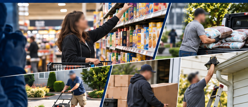 Illustrative surveillance scenes including a woman reaching to a high grocery shelf and other physical activities